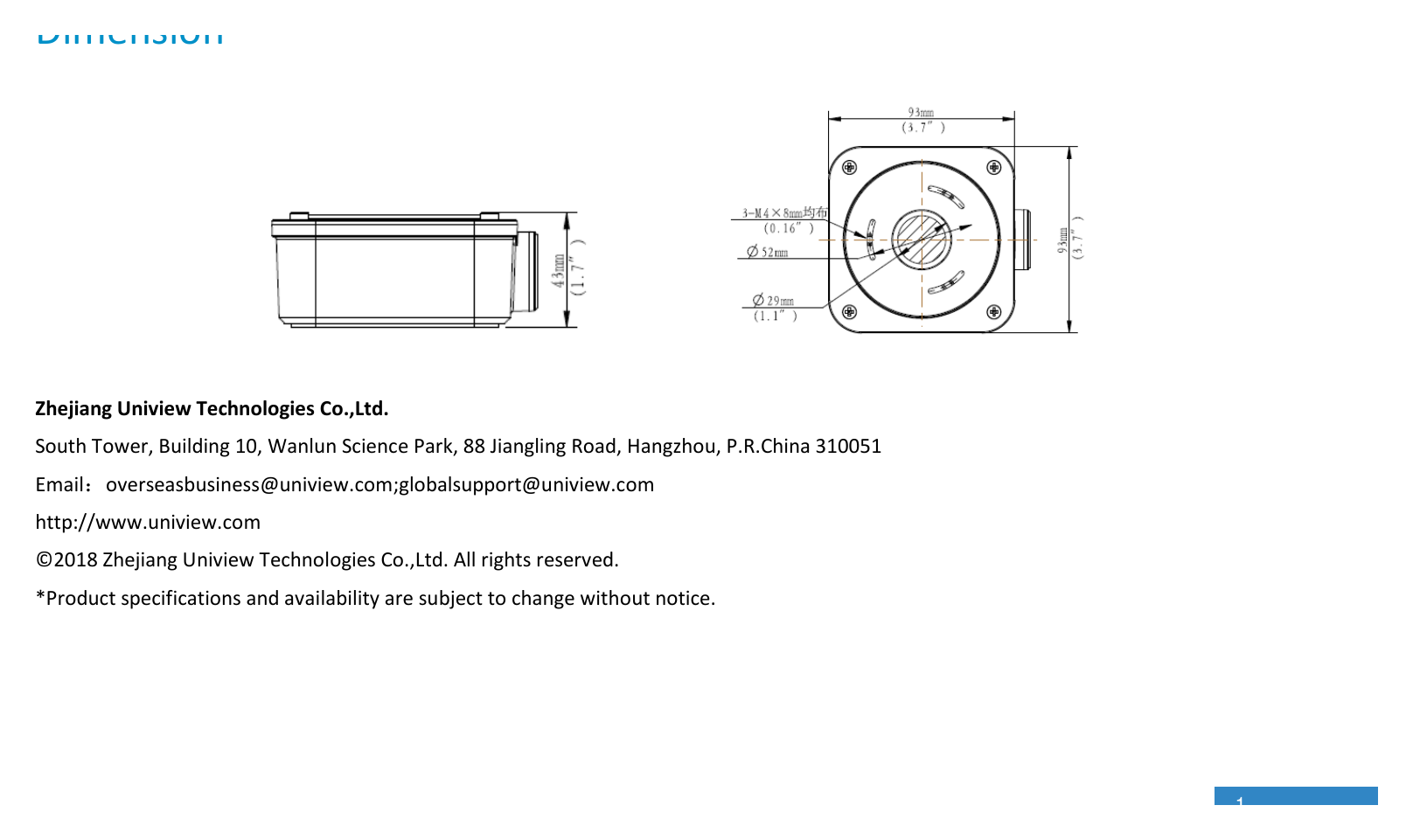 TR-JB06-IN-BULLET-CAMERA-JUNCTION-BOX 外形尺寸圖 Φ93mm*93mm*43mm (3.66”x3.66”x1.69”)｜重量 0.2kg(0.44lb)｜Unit: mm