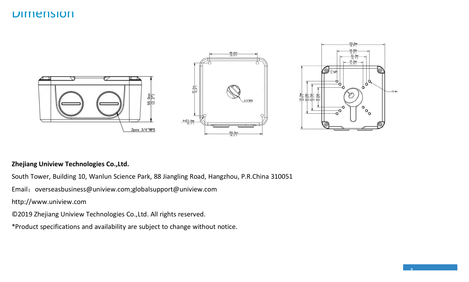 TR-JB07-D-IN-BULLET-JUNCTION-BOX 外形尺寸圖 Φ125mm*125mm*55mm (4.92” x4.92”x2.17”)｜重量 0.75kg(1.65lb)｜Unit: mm
