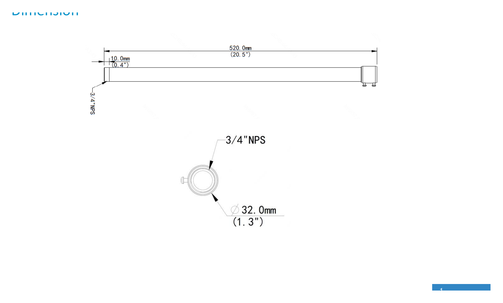 TR-SE24-A-IN-FIXED-DOME-PENDANT-MOUNT 外形尺寸圖 Ø 32 × 520mm (Ø 1.26” × 20.47”)｜重量 0.35kg (0.77lb)｜Unit: mm
