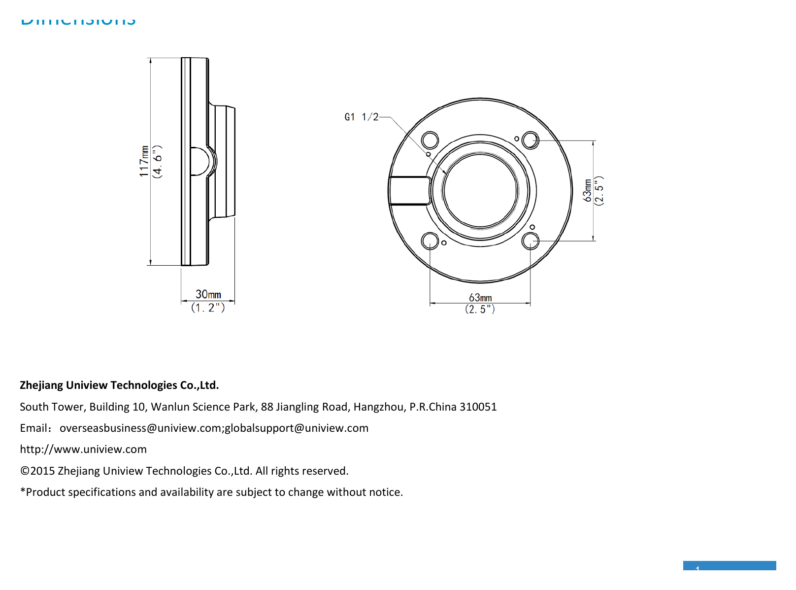 TR-UF45-G-IN-FIXED-DOME-PLATE-MOUNT 外形尺寸圖 Φ117mmx30mm(Φ4.6” x1.2”)｜重量 0.31kg(0.68lb)｜Unit: mm