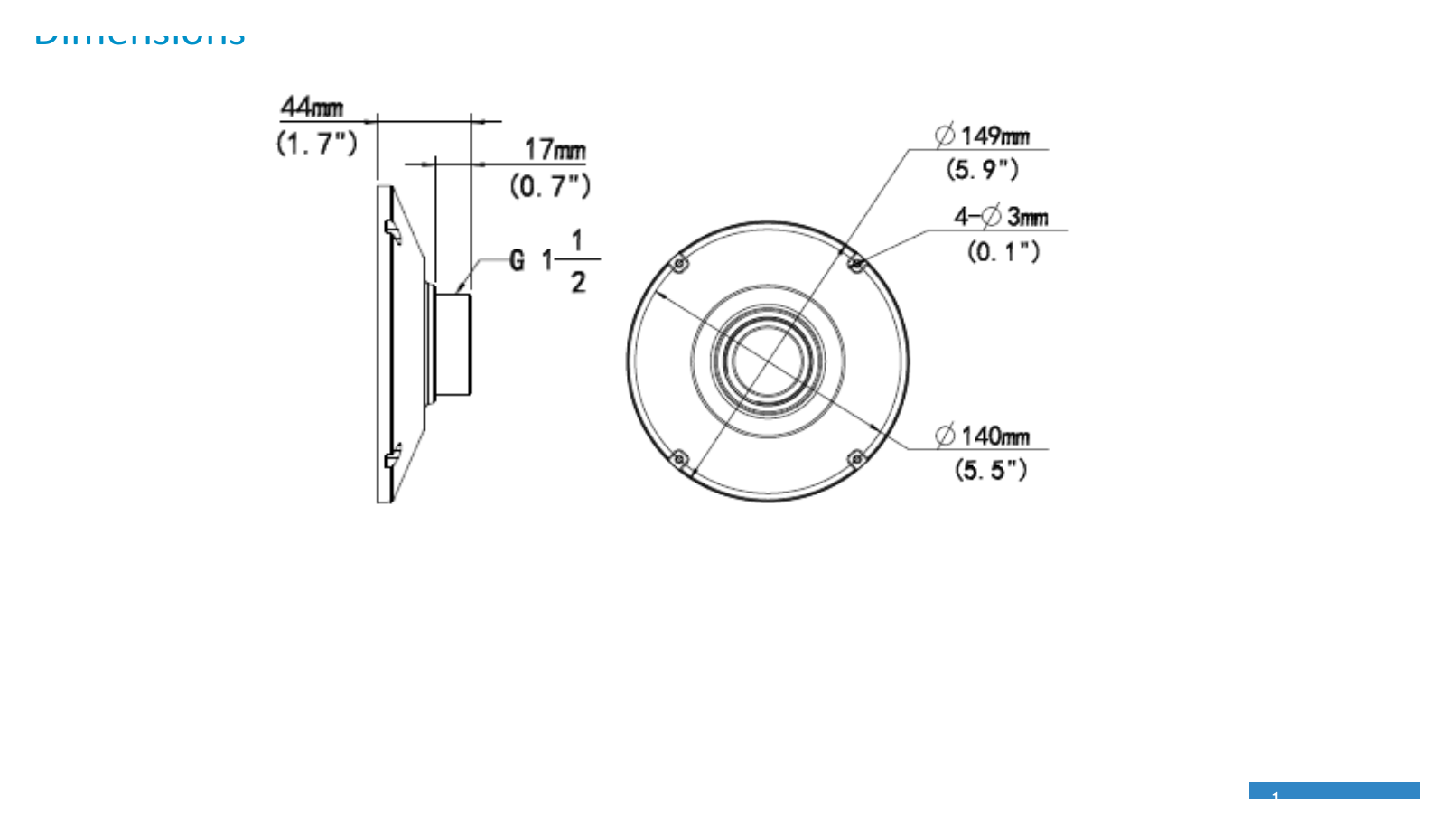 TR-UF45-H-IN-FIXED-DOME-PLATE-MOUNT 外形尺寸圖 Φ149mmx44mm(Φ5.9” x1.7”)｜重量 0.22kg(0.49 lb)｜Unit: mm