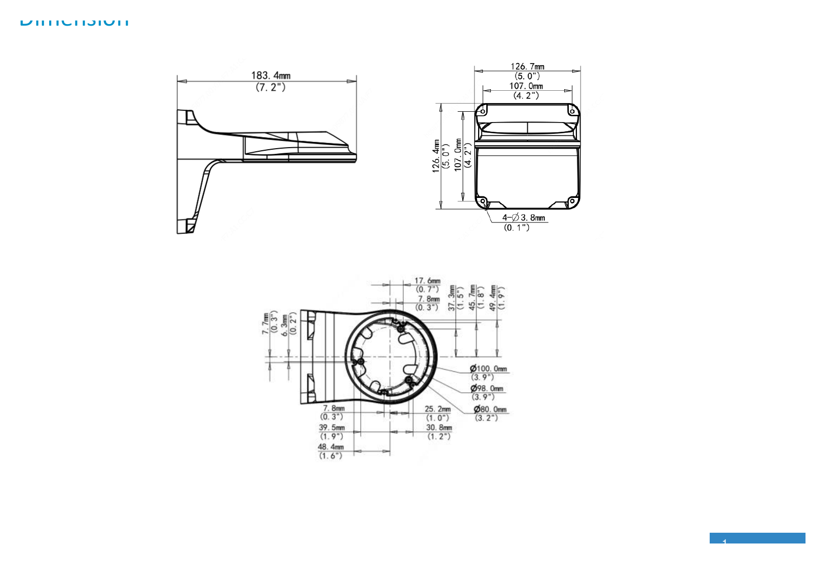 TR-WM03-D-IN-FIXED-DOME-MOUNT 外形尺寸圖 126.7 × 126.4 × 183.4mm (4.99” × 4.98” × 7.22”)｜重量 0.52kg (1.15lb)｜Unit: mm