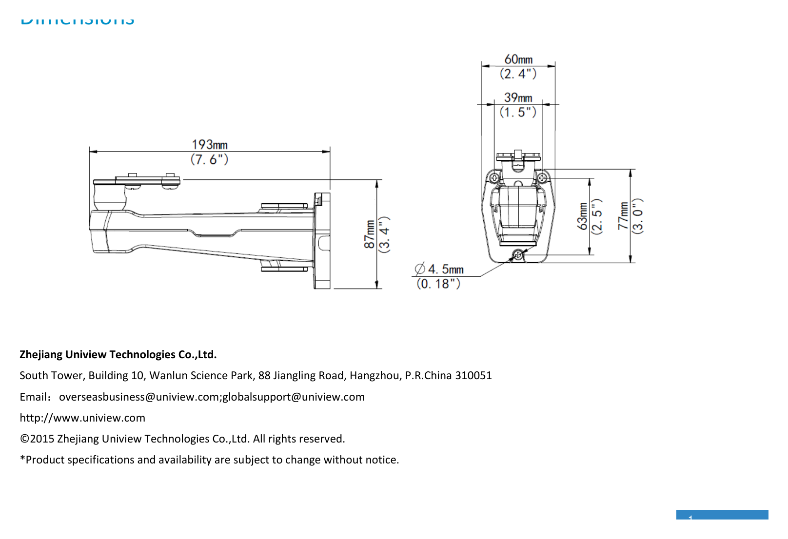 TR-WM06-C-IN-BOX-WALL-MOUNT 外形尺寸圖 193mmx60mmx77mm(7.6” x 2.4”x 3.0”)｜重量 0.2kg(0.44lb)｜Unit: mm