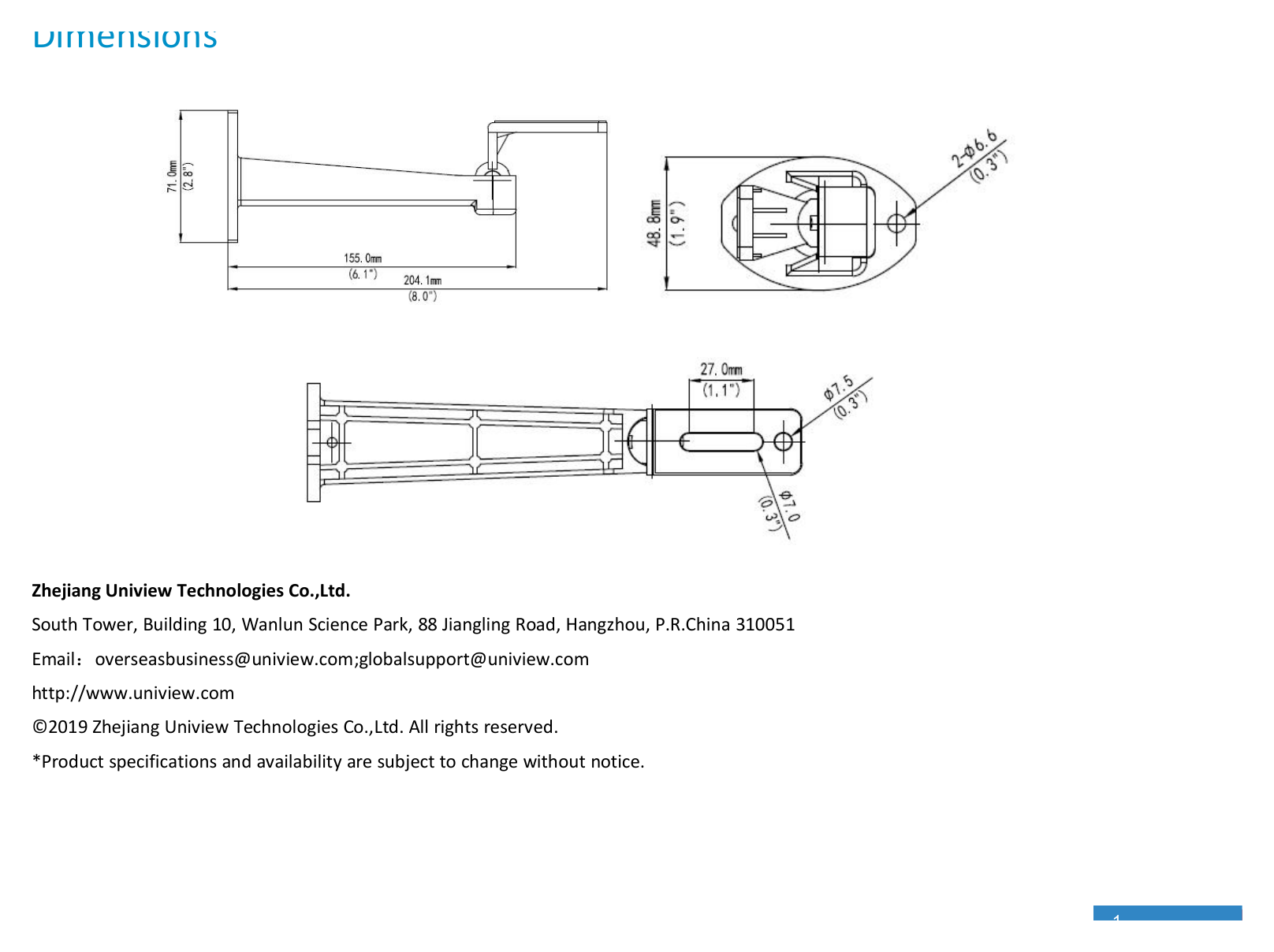 TR-WM06-F-BULLET-WALL-MOUNT 外形尺寸圖 204mmx71mmx49mm(8.03” x 2.79”x1.92”)｜重量 132g(0.29lb)｜Unit: mm