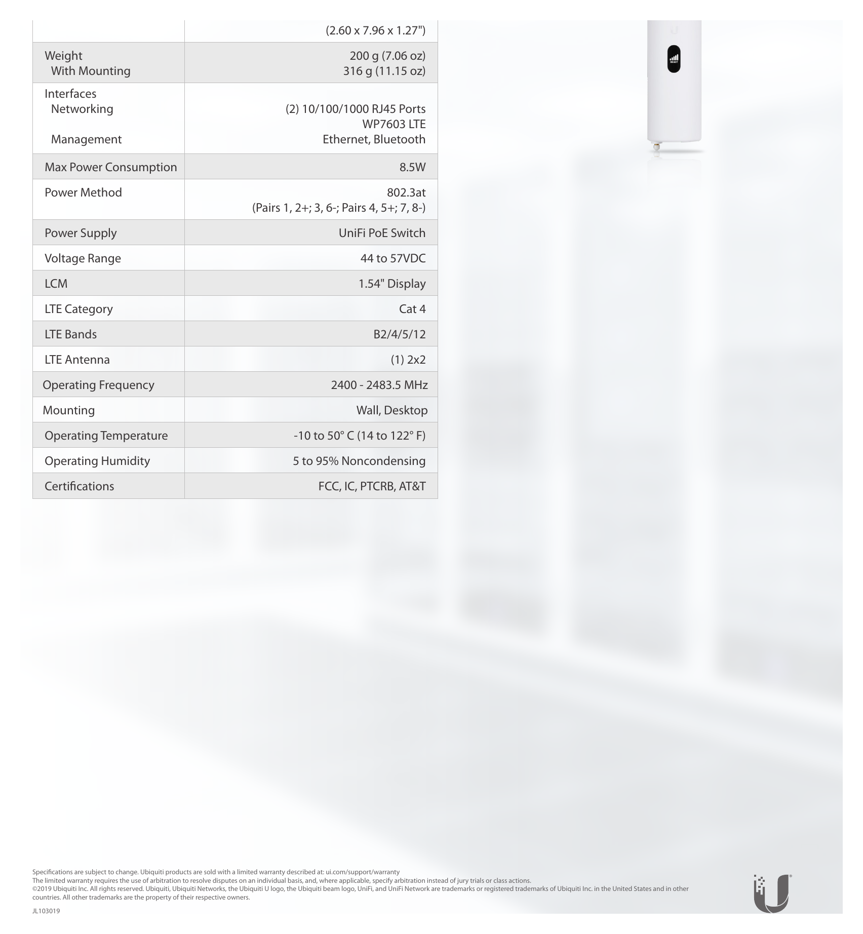 U-LTE 外形尺寸圖 66 x 202.12 x 32.2 mm (2.60 x 7.96 x 1.27")｜重量 200 g (7.06 oz)｜Unit: mm