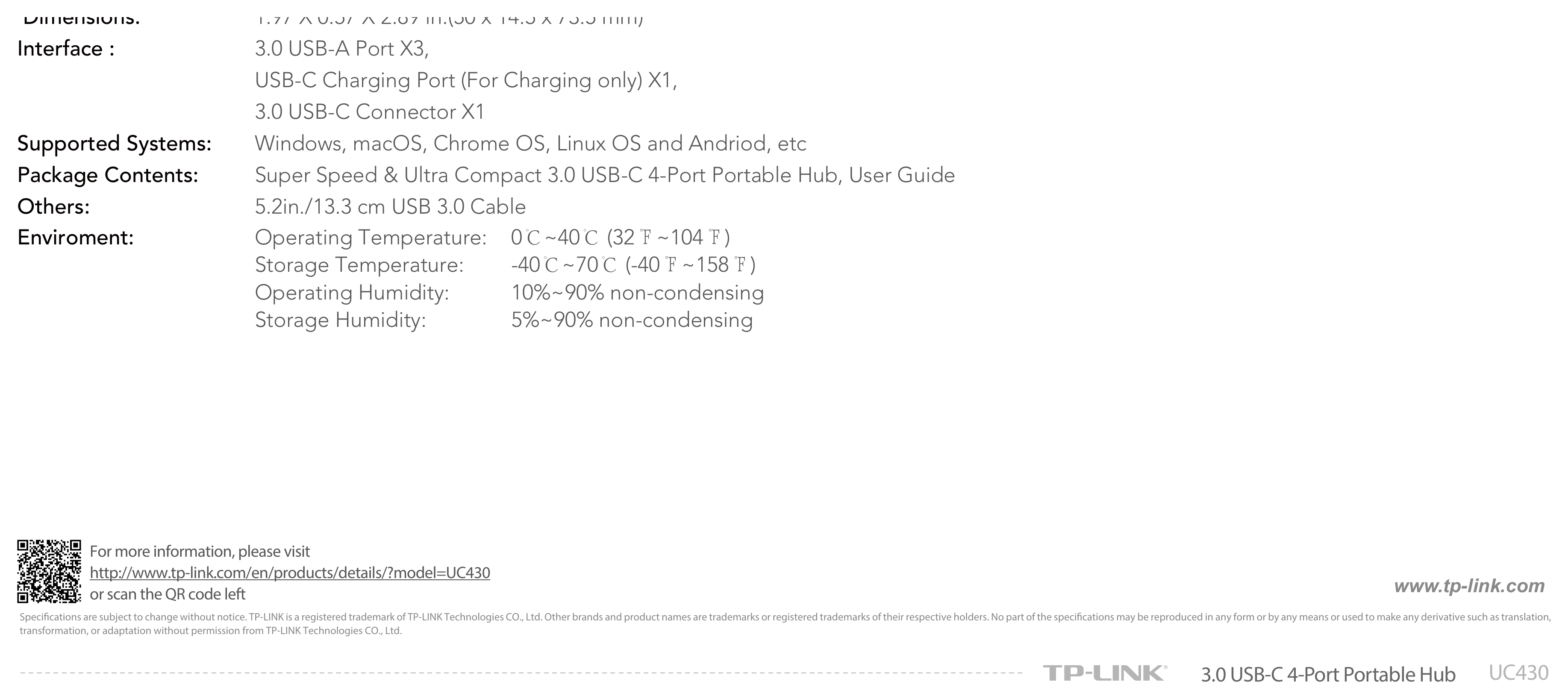 UC430 外形尺寸圖 1.97 X 0.57 X 2.89 in.(50 x 14.5 x 73.5 mm)｜Unit: mm