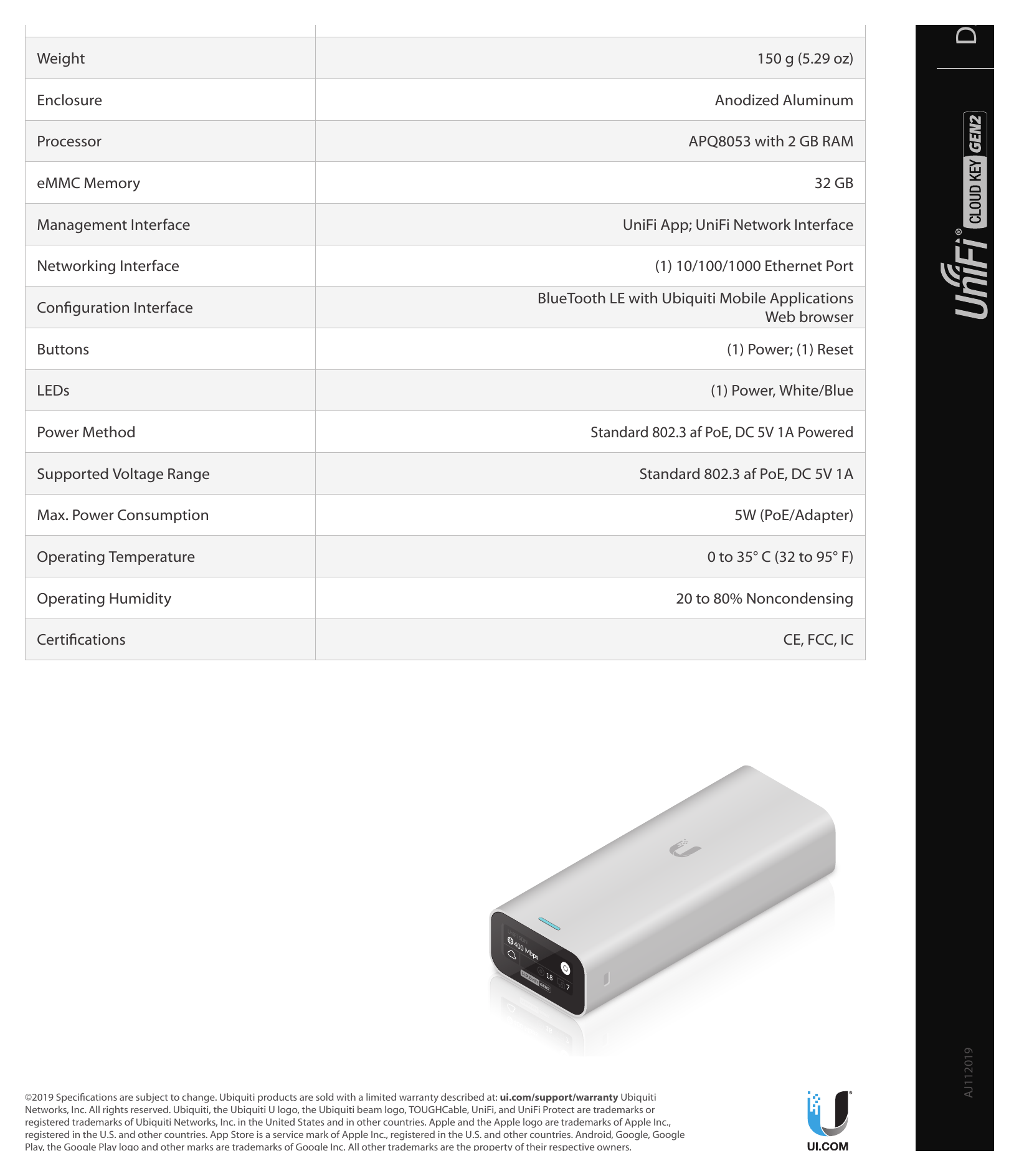 UNIFI-CLOUD-KEY-G2-DS 外形尺寸圖 27.10 x 46.80 x 119.75 mm (1.07 x 1.84 x 4.71”)｜重量 150 g (5.29 oz)｜Unit: mm