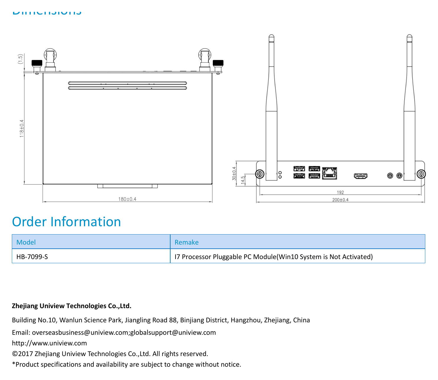 UNV-HB-7099-S-PLUGGABLE-PC-MODULE 外形尺寸圖 詳見圖示｜Unit: mm