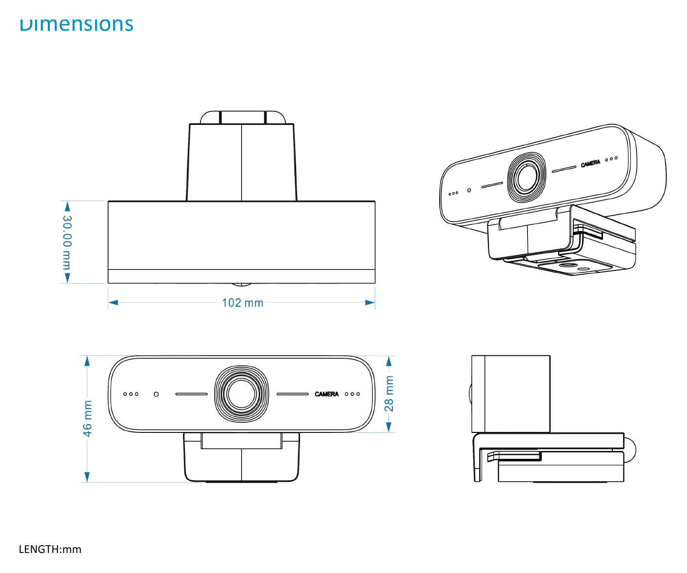 UNV-HB-7199-CA-A-USB-HD-CAMERA 外形尺寸圖 102mm(L)×46mm(W)×30mm(H)｜重量 0.15 kg｜Unit: mm