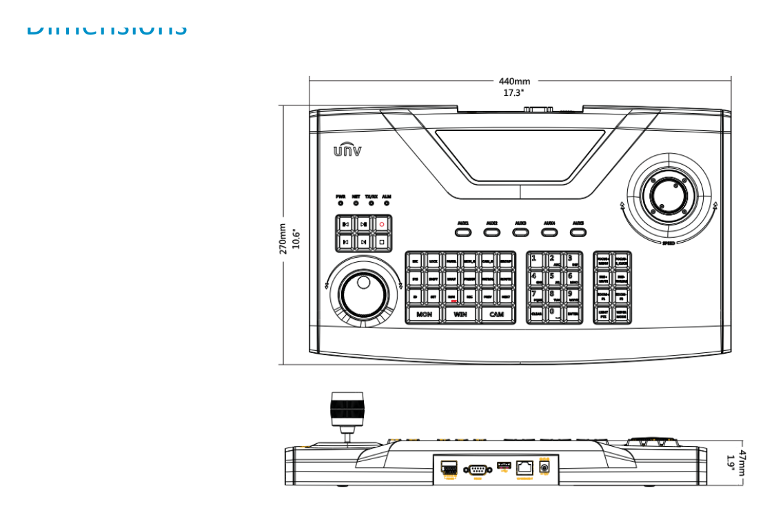 UNV-KB-1100 外形尺寸圖 47mm×270mm×440mm(1.9"×10.6"×17.3")｜重量 <1kg｜Unit: mm