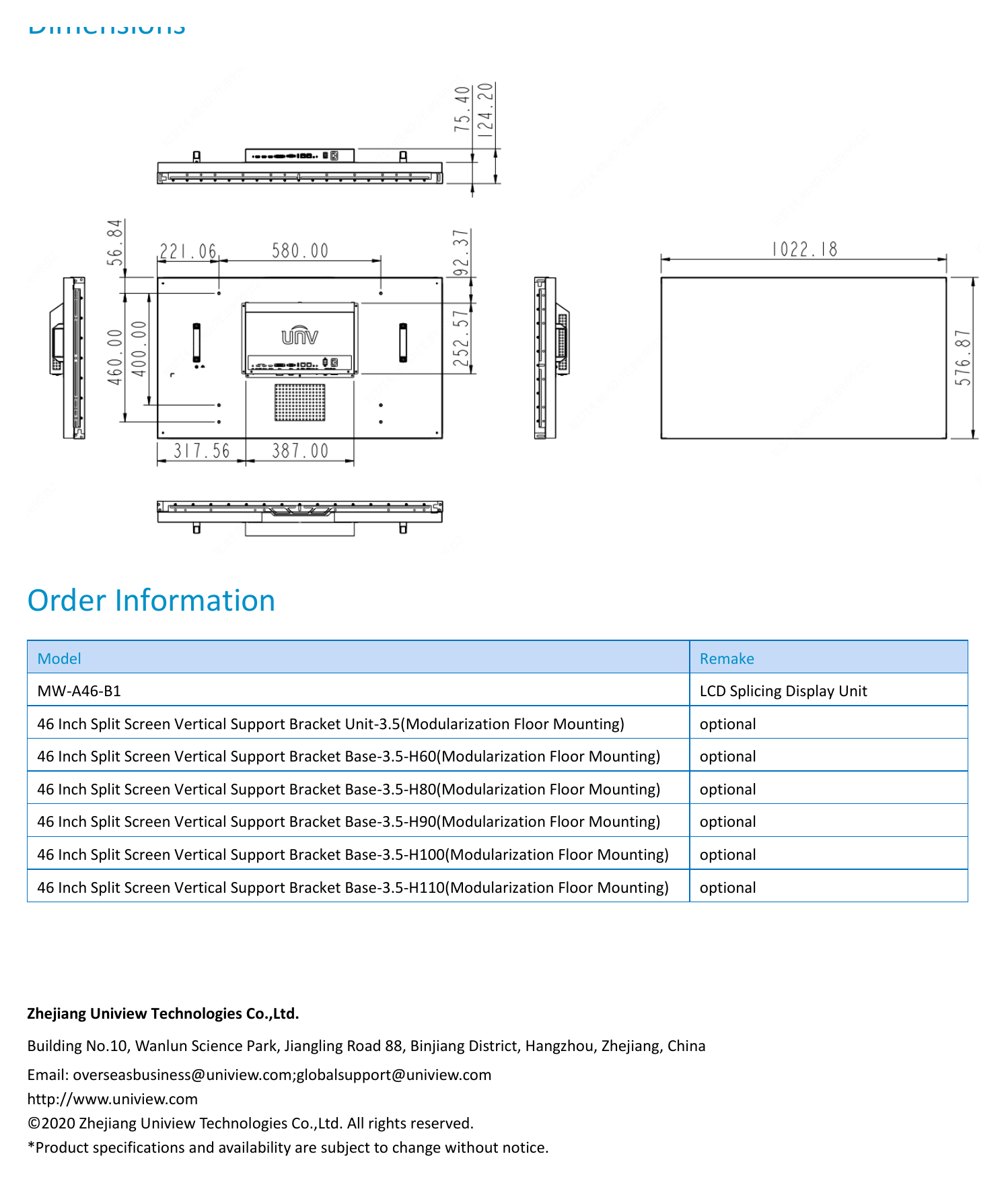 UNV-MW-A46-B1-LCD-SPLICING-DISPLAY-UNIT 外形尺寸圖 詳見圖示｜Unit: mm