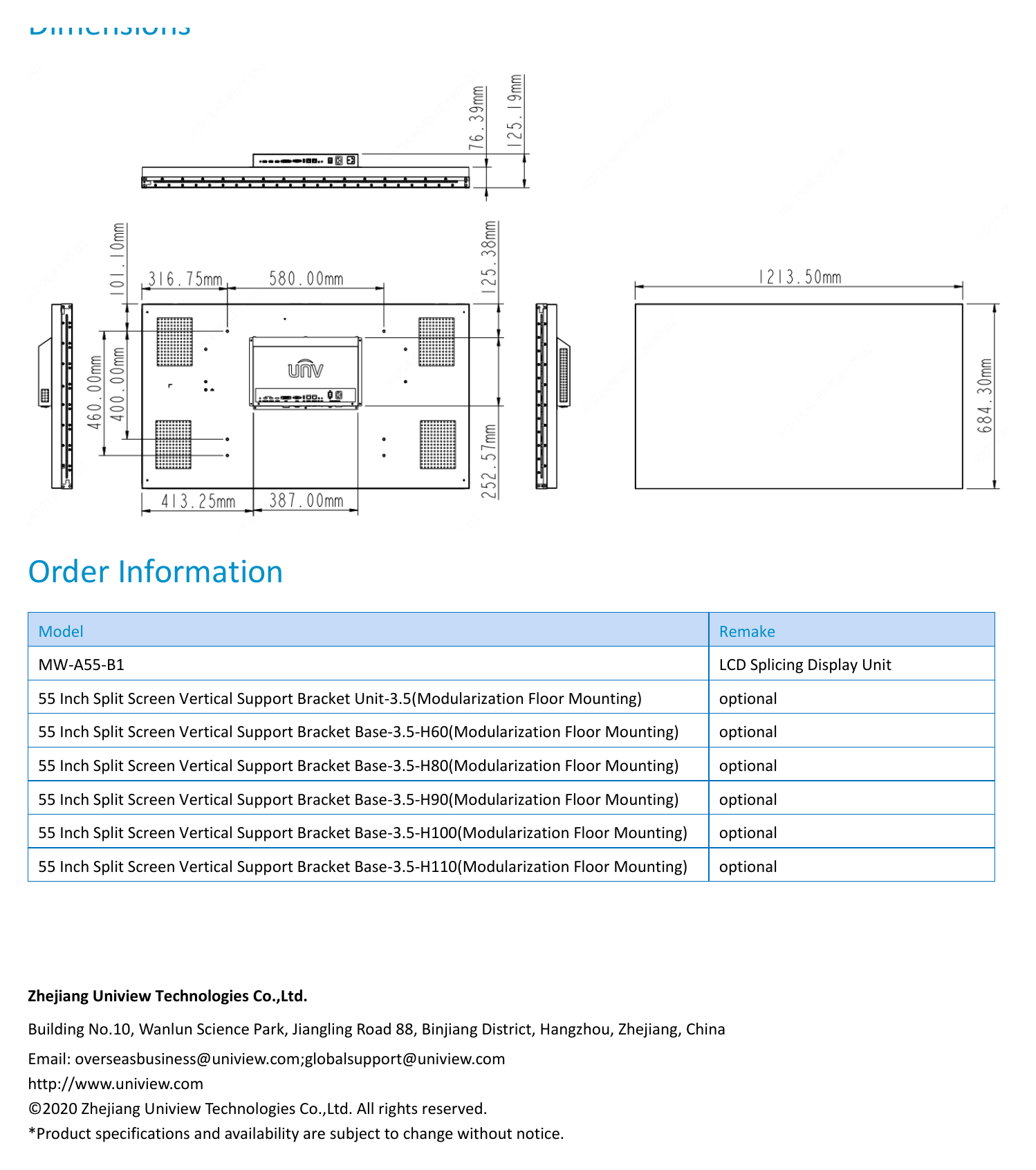 UNV-MW-A55-B1-LCD-SPLICING-DISPLAY-UNIT 外形尺寸圖 詳見圖示｜Unit: mm
