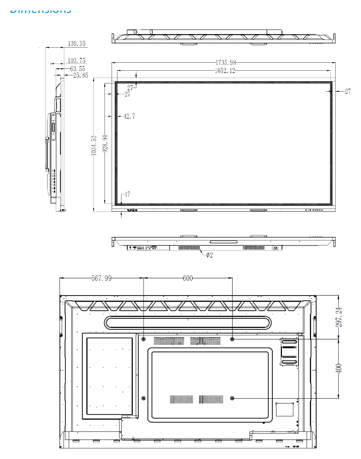 UNV-MW3575-T-SMART-INTERACTIVE-DISPLAY 外形尺寸圖 詳見圖示｜Unit: mm