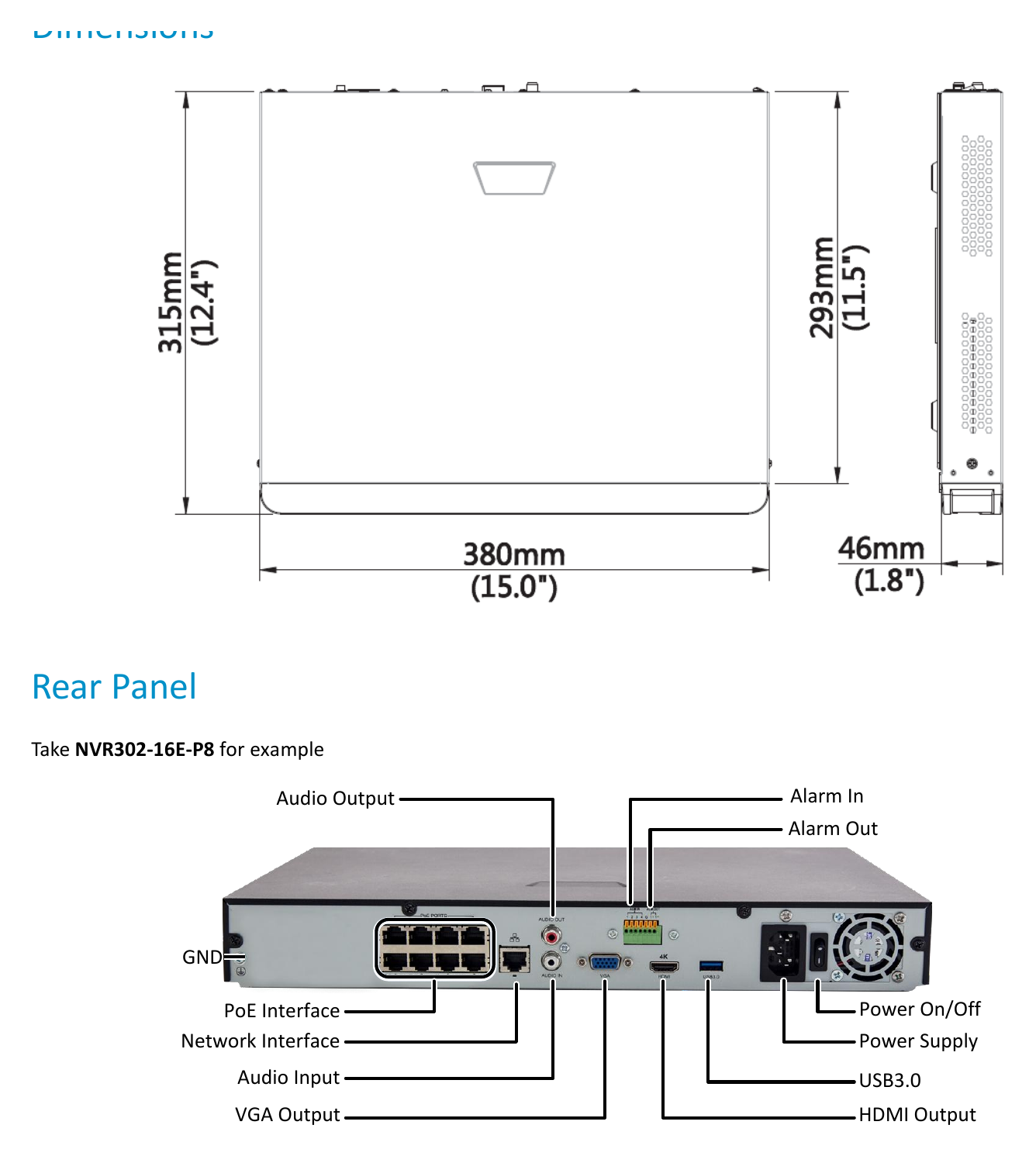 UNV-NVR302-E-P-SERIES 外形尺寸圖 380 mm × 315mm × 46 mm Weight｜Unit: mm
