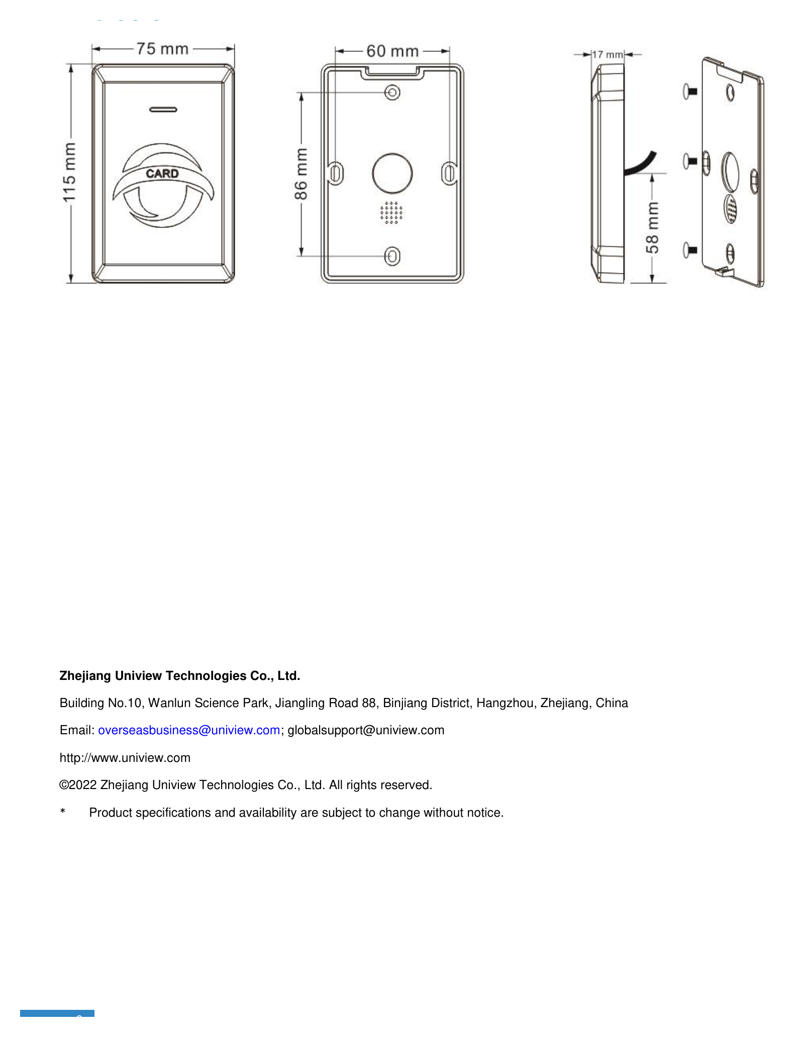 UNV-OEC-R1H-E-ID-CARD-READER 外形尺寸圖 詳見圖示｜Unit: mm