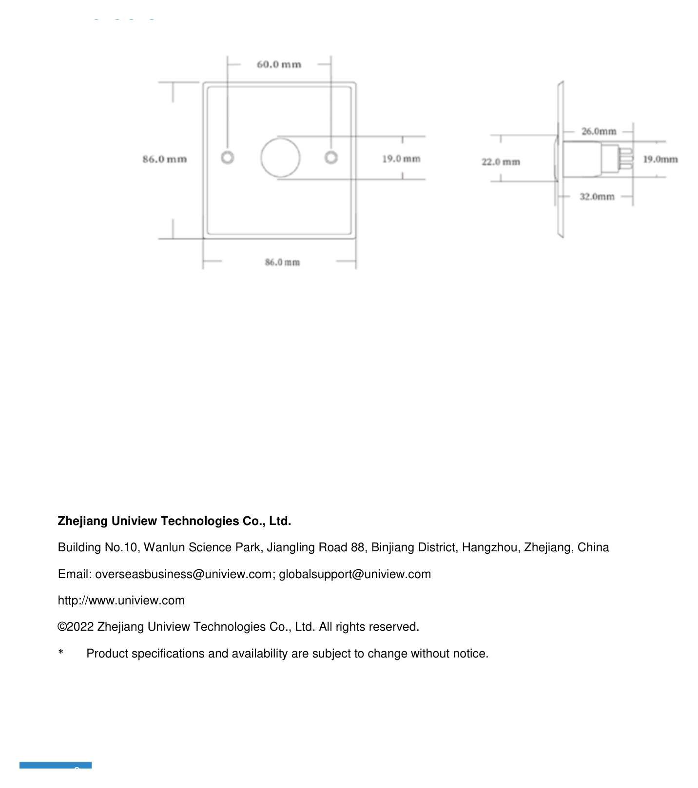UNV-OEP-GM5-DOOR-EXIT-BUTTON 外形尺寸圖 86*86*32mm｜重量 0.1kg｜Unit: mm