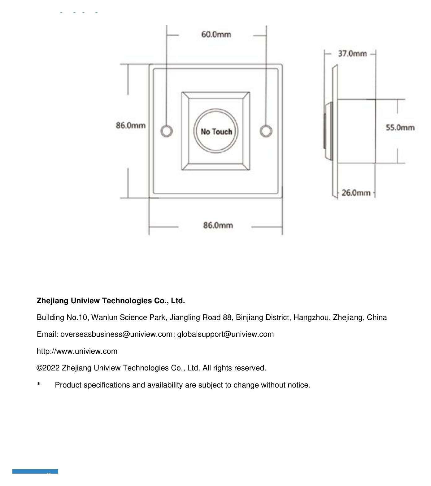 UNV-OEP-GM6-R-DOOR-EXIT-BUTTON 外形尺寸圖 86*86*37mm｜重量 0.3kg｜Unit: mm