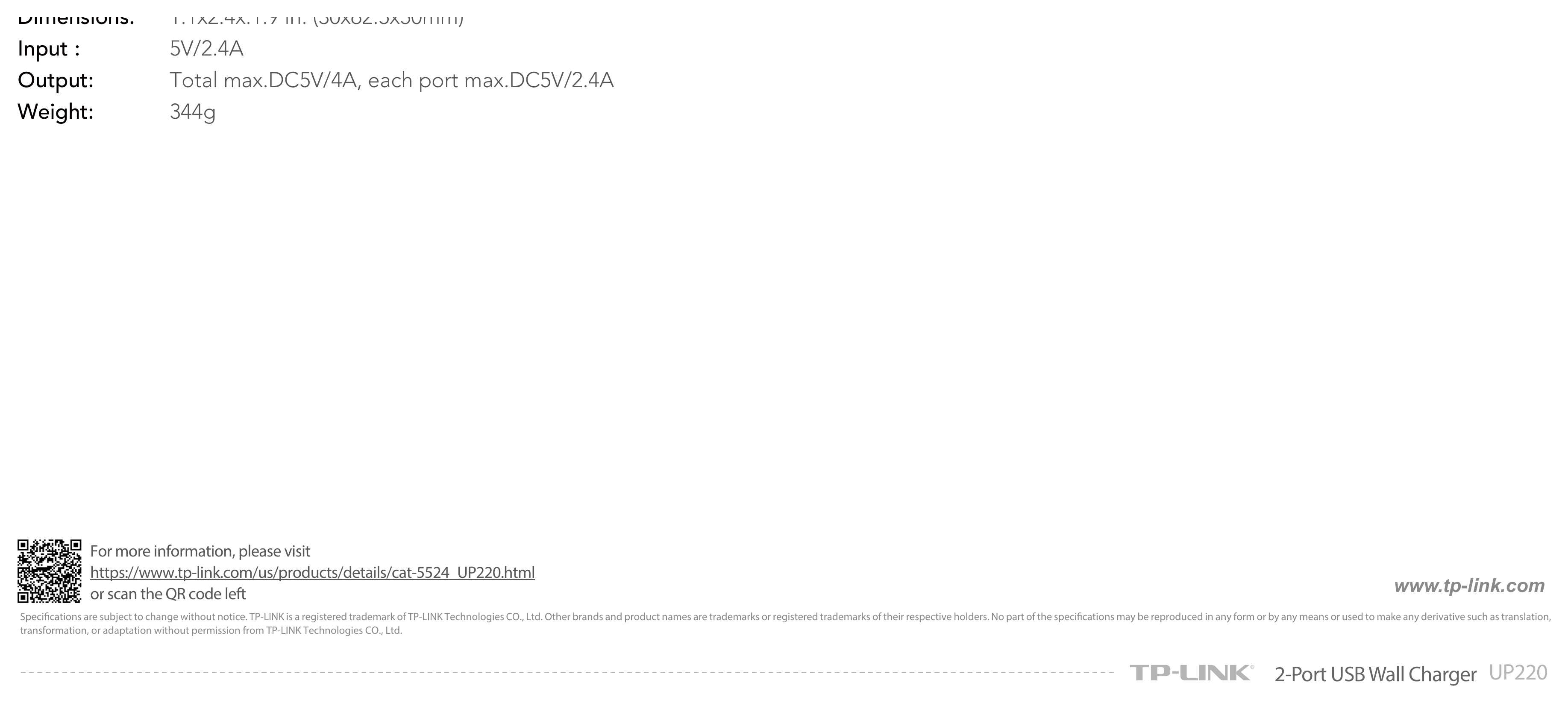 UP220(US) 外形尺寸圖 1.1x2.4x.1.9 in. (30x62.5x50mm)｜重量 344g For more information, please visit https://www.tp-link.com/us/products/details/c
