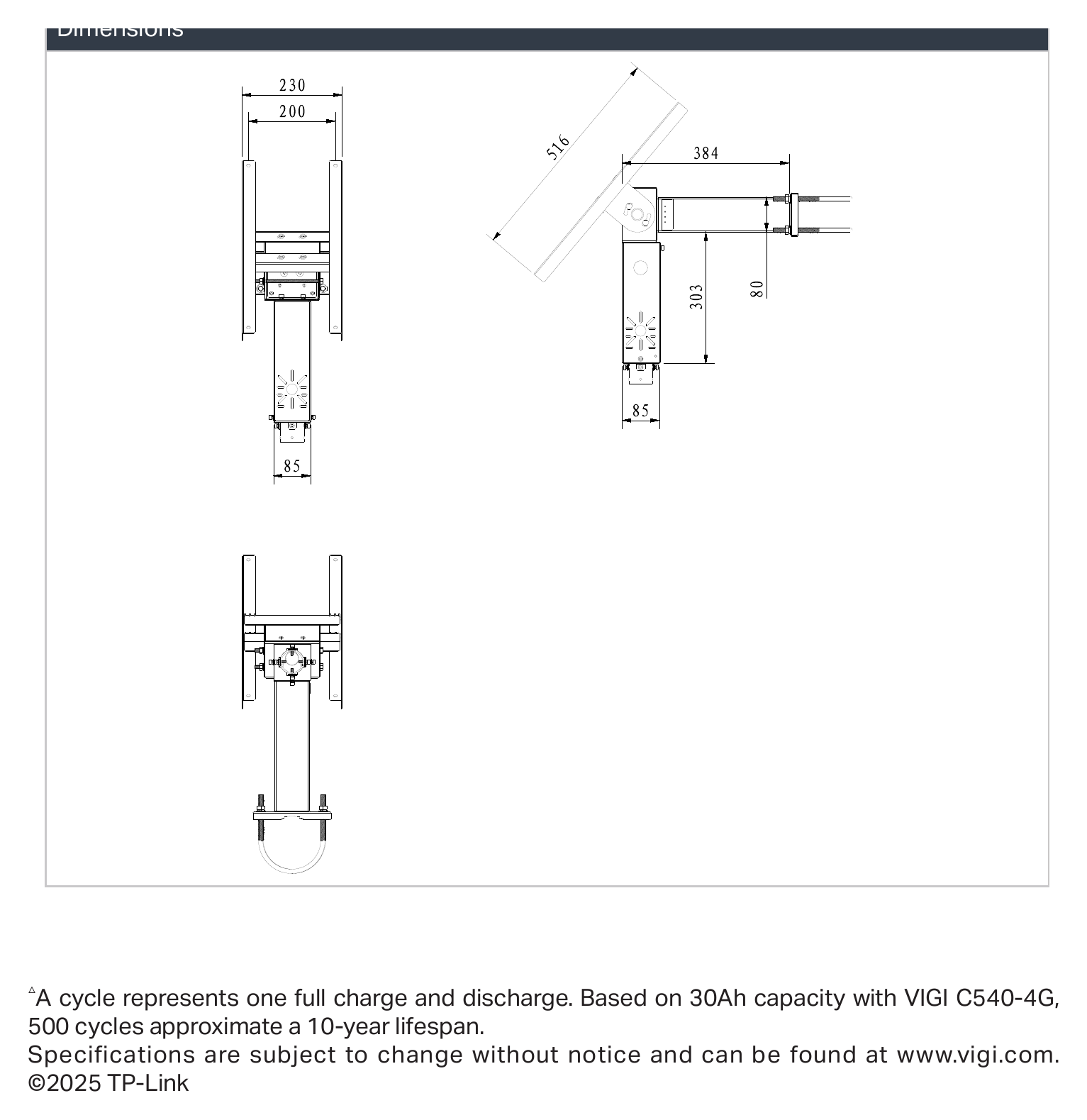 VIGI-PS20 外形尺寸圖 9.5 × 2.8 × 2.6 in (242 × 70 × 65 mm) • 0°C to 45°C (32 °F to 113 °F) • -30°C to 45°C (-22 °F to 113 °F) (With intellige