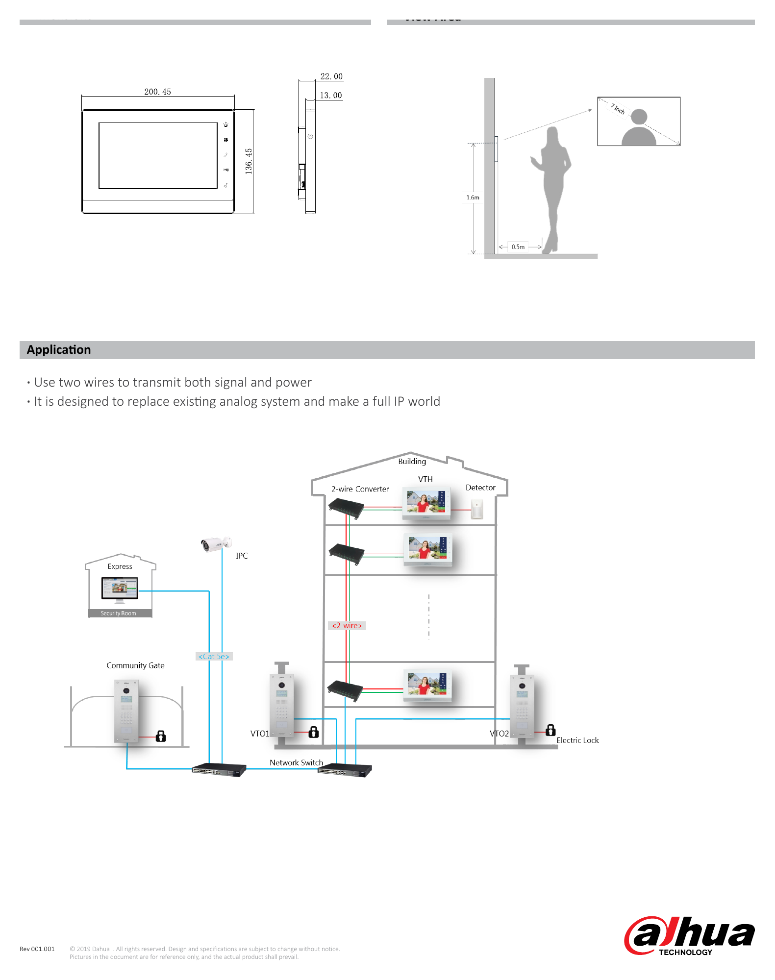 VTH5222CH-S1 外形尺寸圖 View Area Application · Use two wires to transmit both signal and power · It is designed to replace existing analog syst