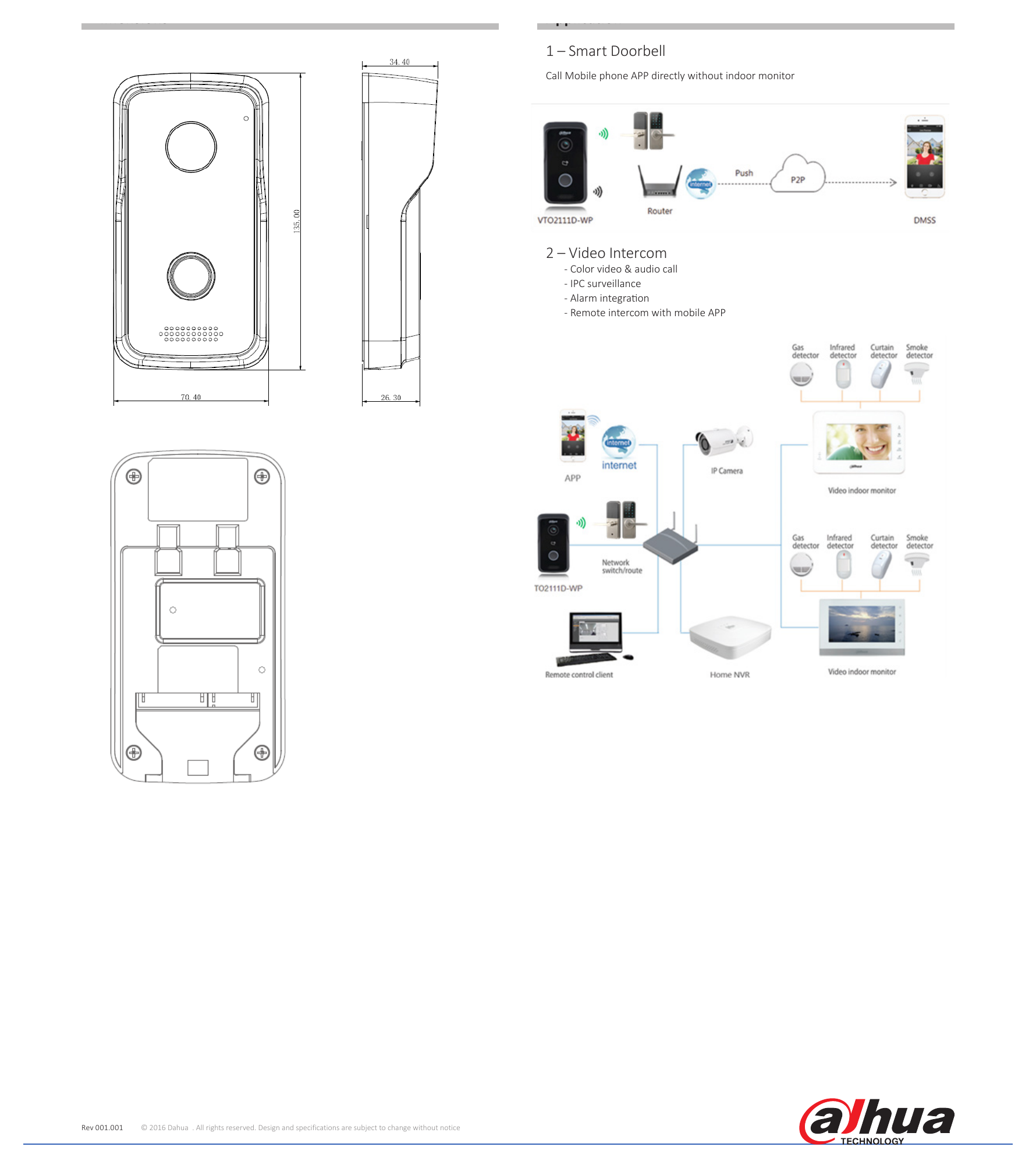 VTO2111D-WP(433) 外形尺寸圖 Application 1 – Smart Doorbell Call Mobile phone APP directly without indoor monitor 2 – Video Intercom - Color video &