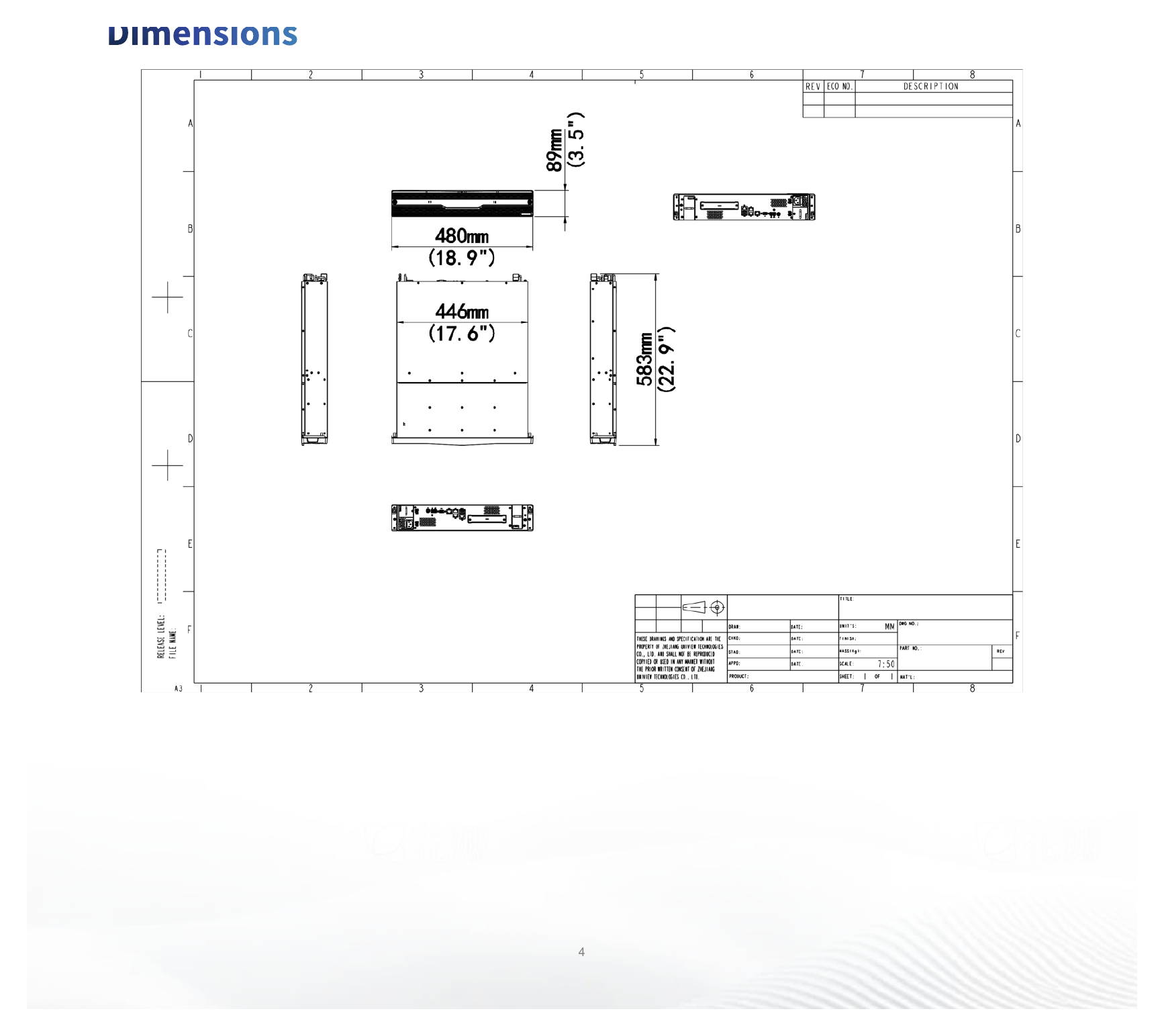 VX1612-C-V3-U 外形尺寸圖 89mm X 480mm X583mm (H×W×D)｜重量 Fully configured:<23kg｜Unit: mm