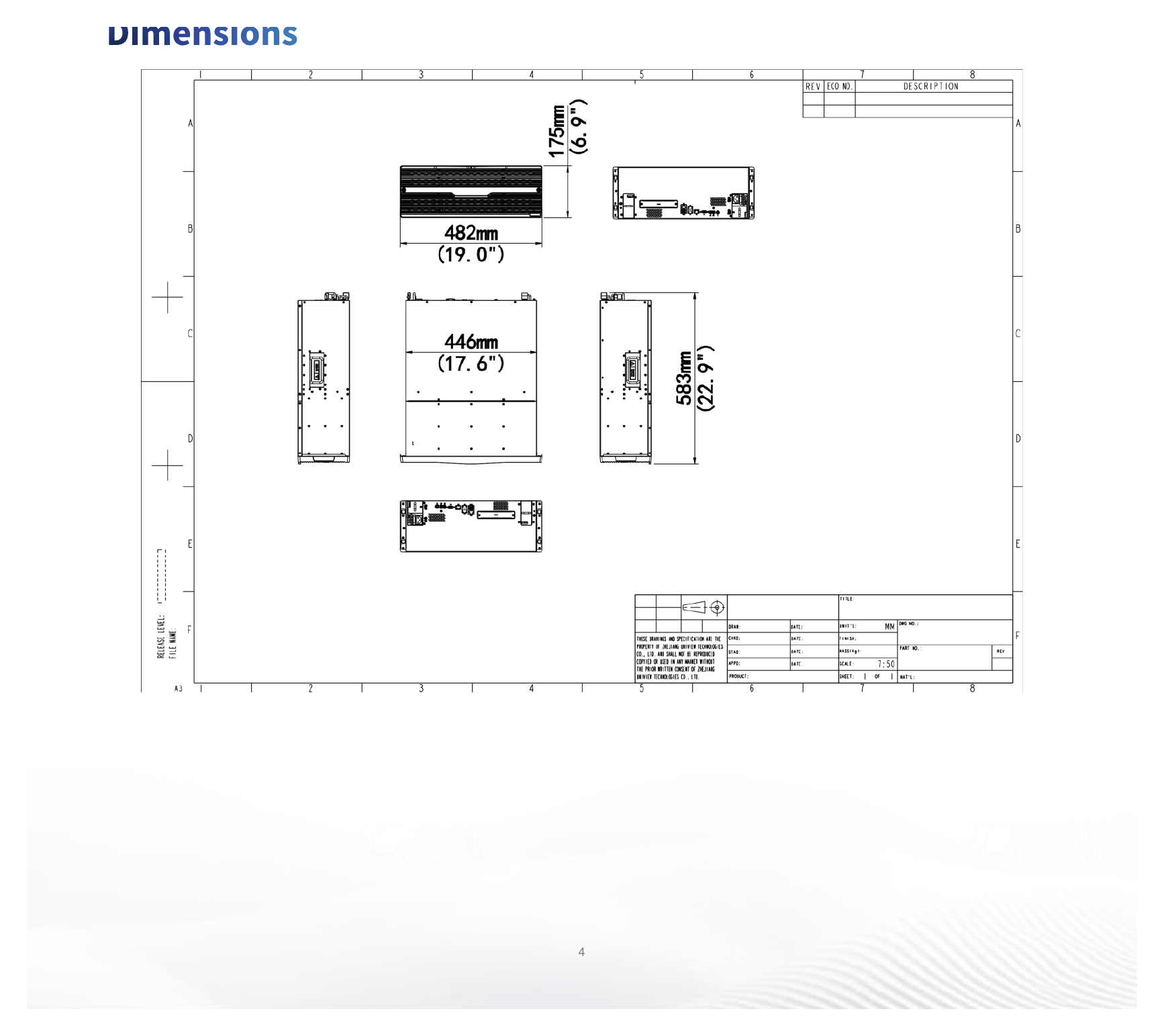 VX1624-C-V3-U 外形尺寸圖 175mm X 482mm X583mm (H×W×D)｜重量 Fully configured:<35kg｜Unit: mm