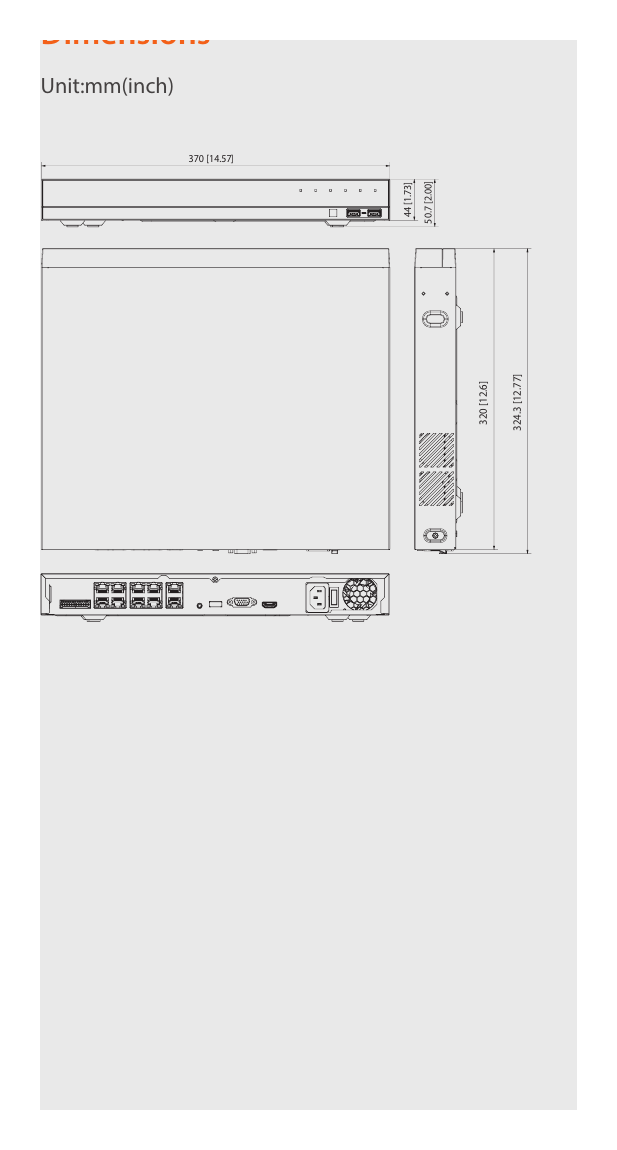 WRN-810S 外形尺寸圖 370 x 50.7 x 324.3 mm (WxHxD) (14.57” x 2” x 12.77”)｜重量 2.7 kg (without HDDs) * The latest product information / specif