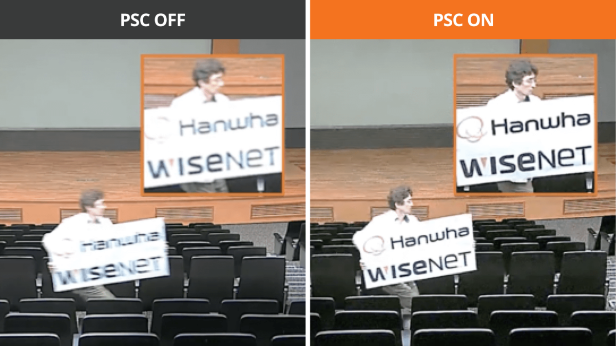 Hanwha AI 快門 PSC 開關對比：關閉時移動物件模糊，開啟後清晰