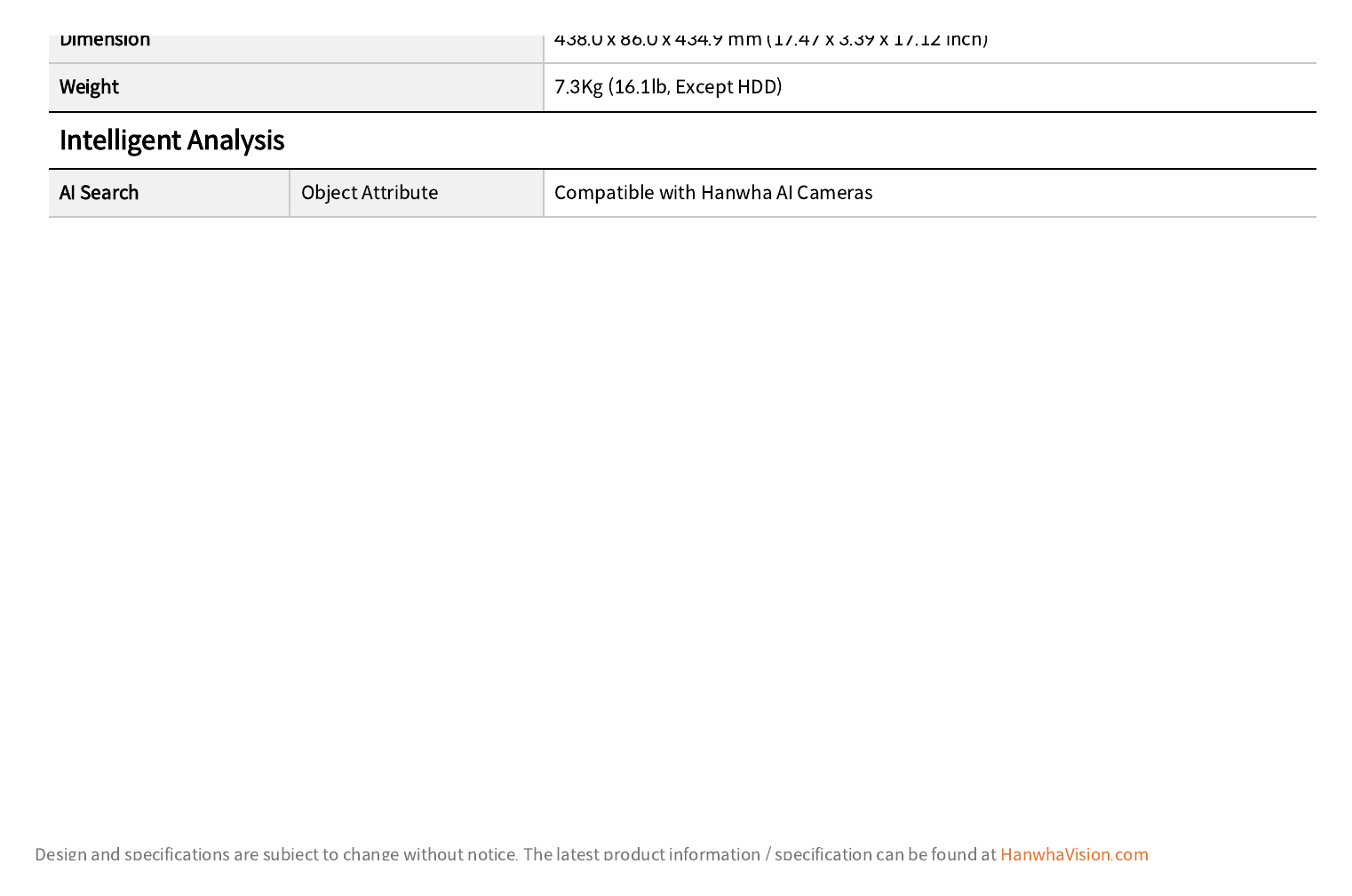 XRN-3220B2 外形尺寸圖 438.0 x 86.0 x 434.9 mm (17.47 x 3.39 x 17.12 inch)｜重量 7.3Kg (16.1lb, Except HDD) Intelligent Analysis｜Unit: mm