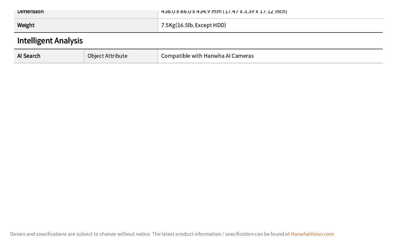 XRN-6410B2 外形尺寸圖 438.0 x 86.0 x 434.9 mm (17.47 x 3.39 x 17.12 inch)｜重量 7.5Kg(16.5lb, Except HDD) Intelligent Analysis｜Unit: mm