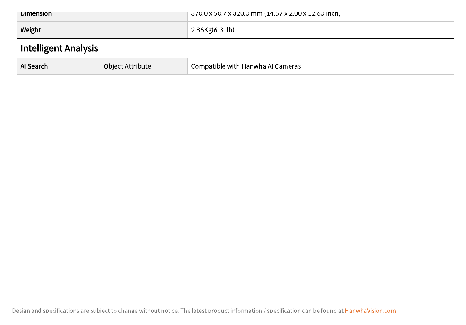 XRN-815S 外形尺寸圖 370.0 x 50.7 x 320.0 mm (14.57 x 2.00 x 12.60 inch)｜重量 2.86Kg(6.31lb) Intelligent Analysis｜Unit: mm