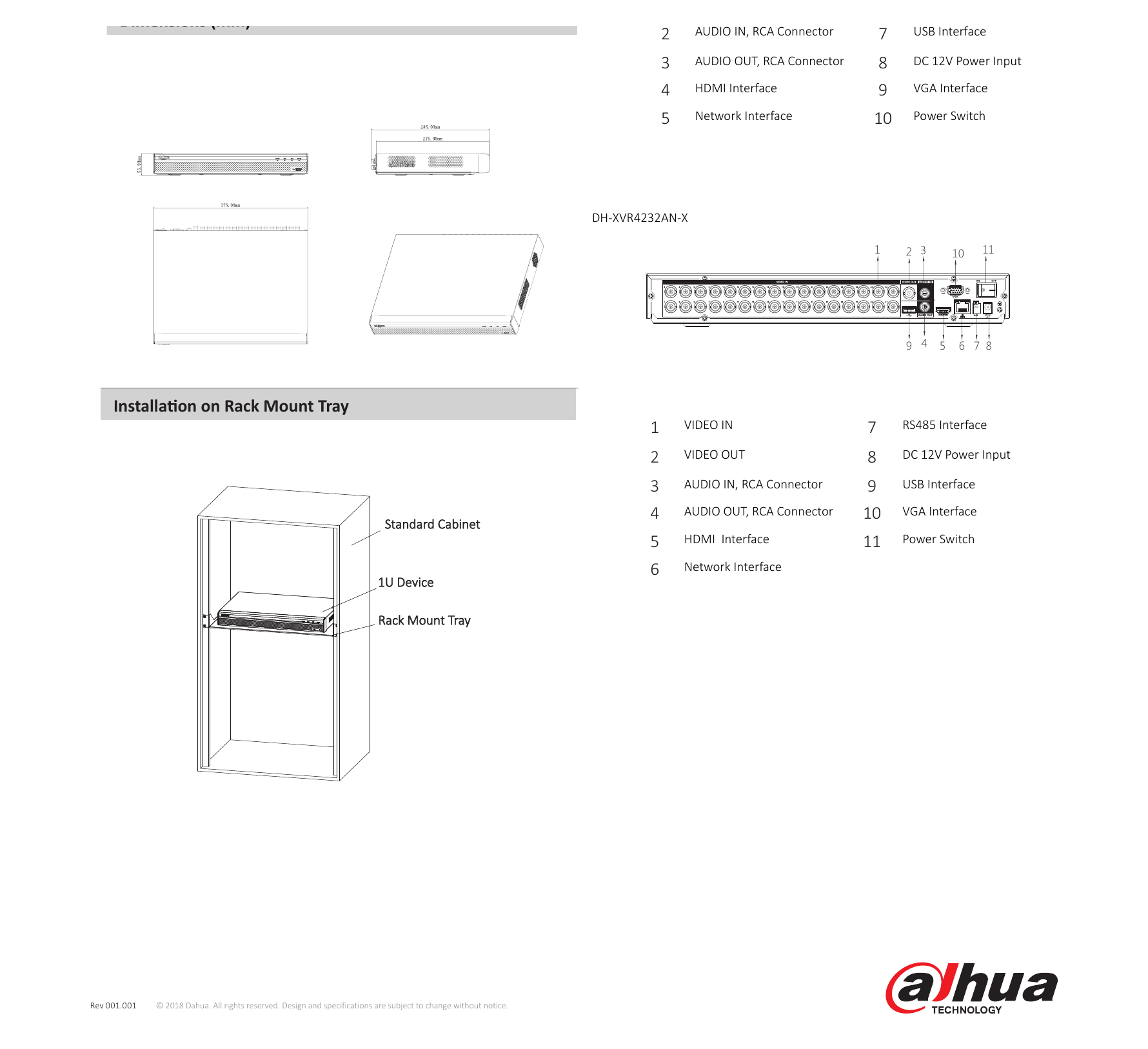 XVR4216-32AN-X 外形尺寸圖 1U, 375mm×287mm×53mm (14.8" x 11.3" x 2.1")｜Unit: mm