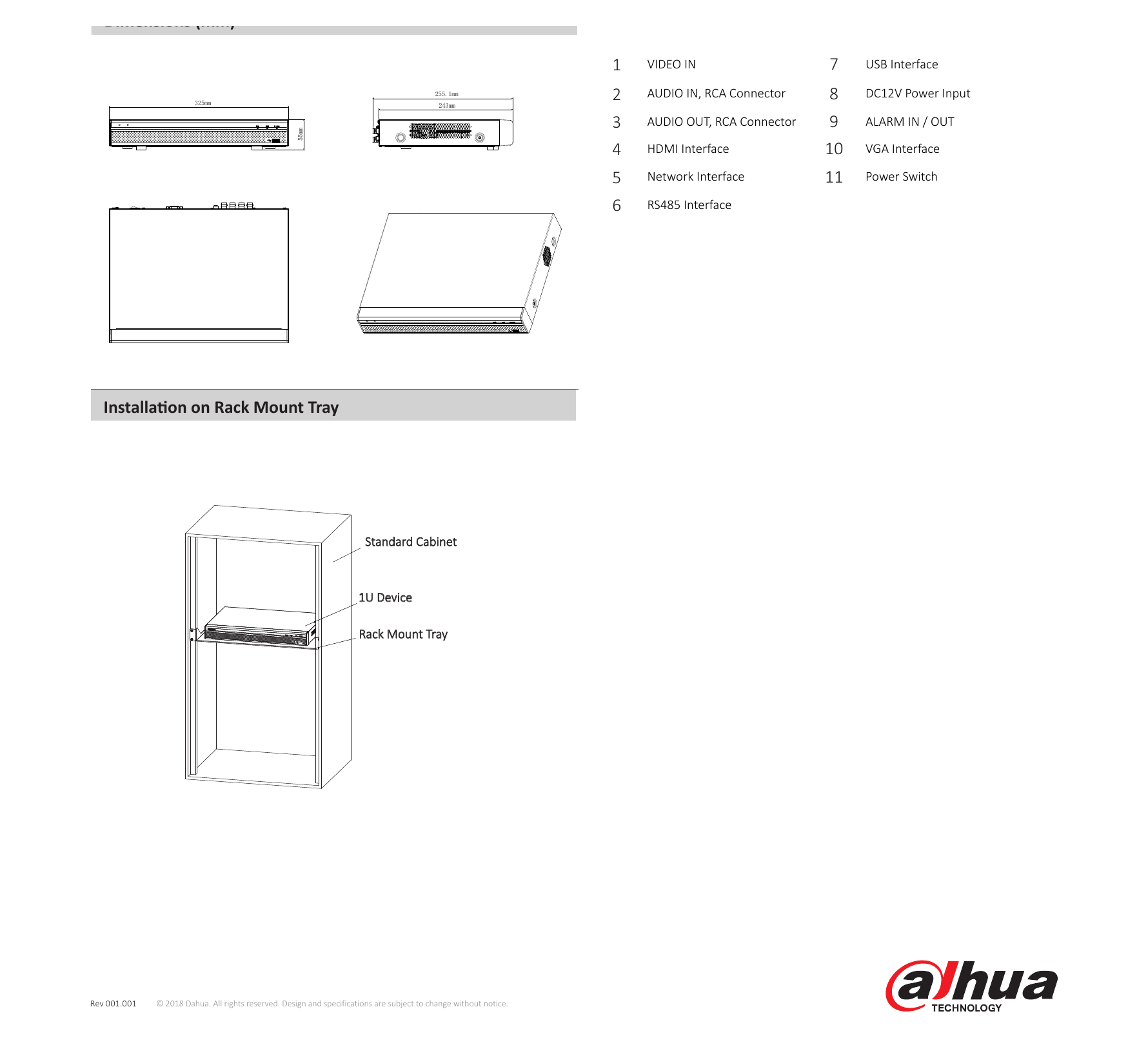 XVR5104HE-X 外形尺寸圖 Mini 1U, 325mm×255mm×55mm (12.8" x 10" x 2.2")｜Unit: mm