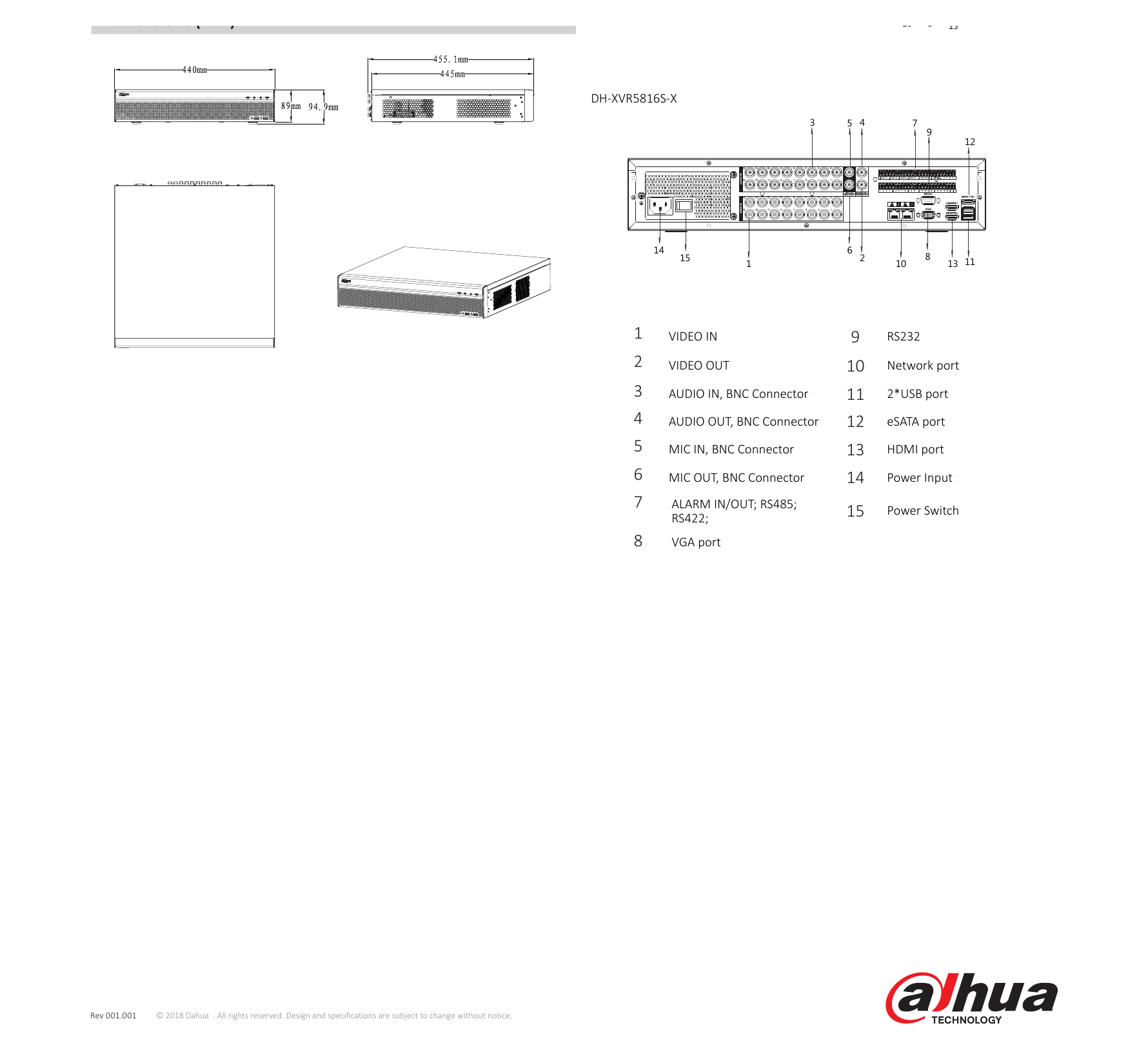 XVR5808-16S-X 外形尺寸圖 2U, 440mm×455mm×95mm (17.3" x 17.9" x 3.7") 8CH:HDMI 1:1920×1080, 1280×1024, 1280×720 16CH:HDMI 1:3840×2160, 2560×1440,