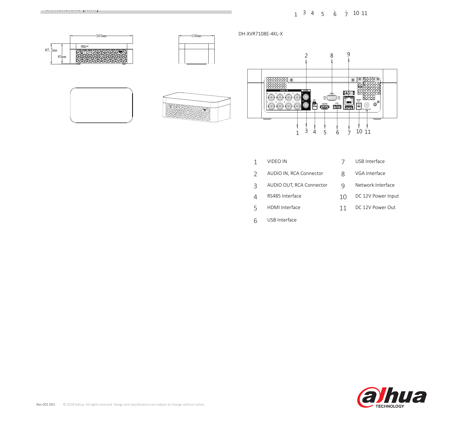 XVR7104-08E-4KL-X 外形尺寸圖 265mm×150mm×87.5mm (10.4" x 5.9" x 3.4")｜Unit: mm